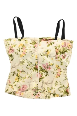 Cream silk-blend floral print bustier zip-up top with adjustable spaghetti straps