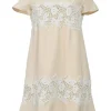 Cream silk-blend short sleeve swing-style hift dress with contrasting floral lace appliqué
