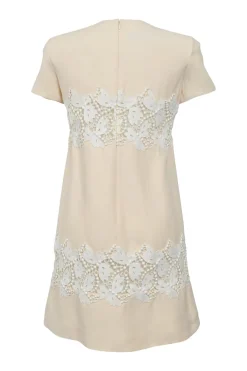 Cream silk-blend short sleeve swing-style hift dress with contrasting floral lace appliqué