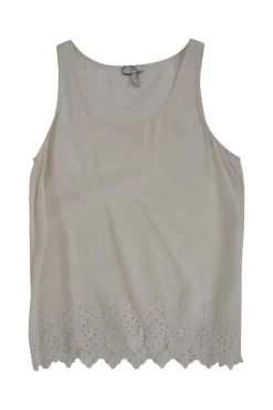 Cream sleeveless silk top with broderie hem