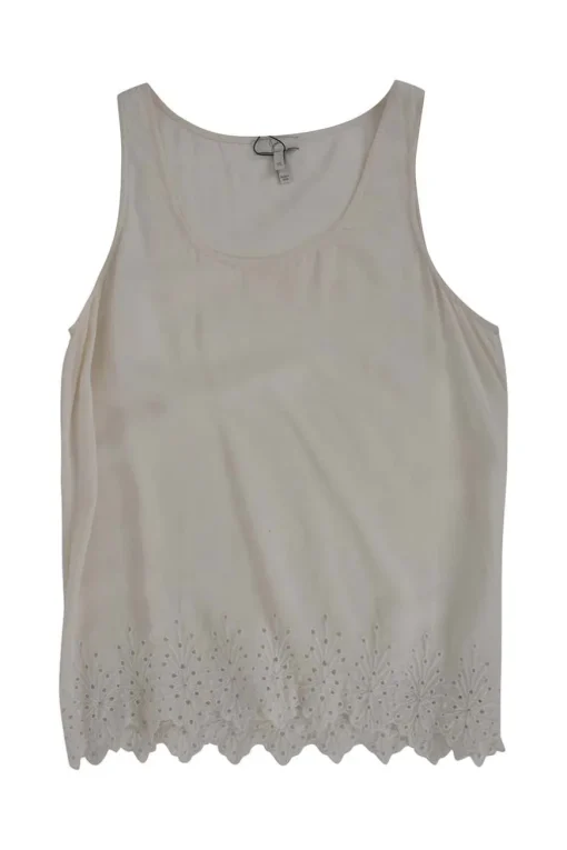 Cream sleeveless silk top with broderie hem