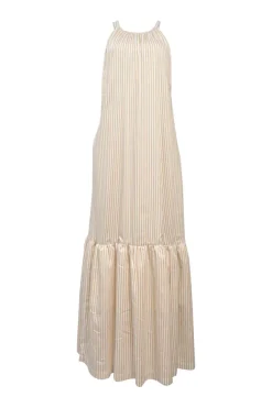 Cream striped cotton-blend Grecian neck drop-waist maxi dress with criss-cross back