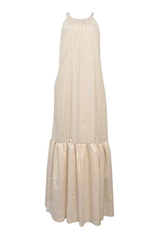 Cream striped cotton-blend Grecian neck drop-waist maxi dress with criss-cross back