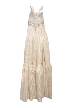 Cream striped cotton-blend Grecian neck drop-waist maxi dress with criss-cross back