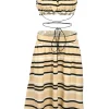 Cream striped ruffled cotton-viscose two-piece summer dress with exposed waist and self-tie belt