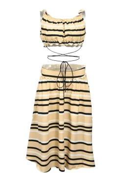 Cream striped ruffled cotton-viscose two-piece summer dress with exposed waist and self-tie belt