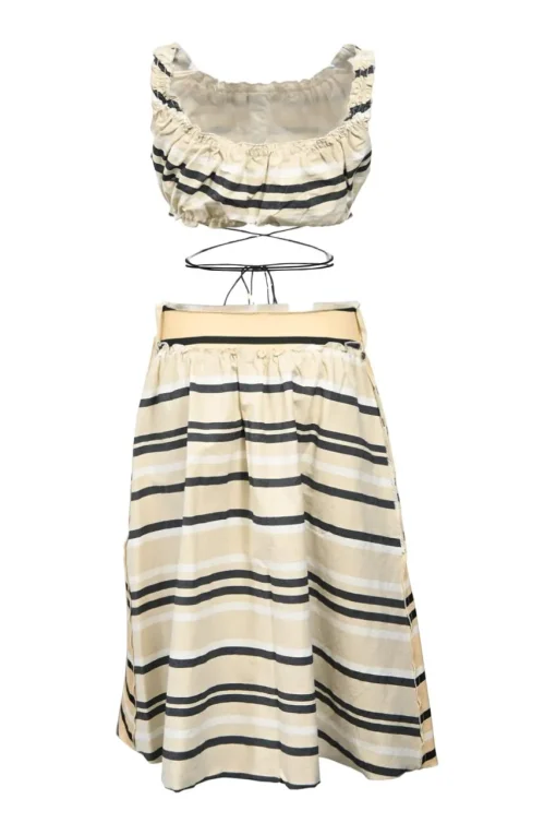 Cream striped ruffled cotton-viscose two-piece summer dress with exposed waist and self-tie belt