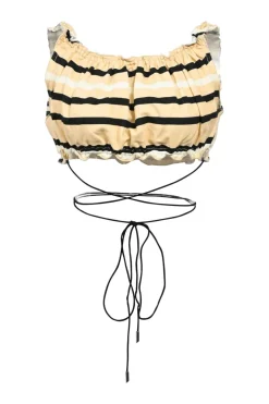Cream striped ruffled cotton-viscose two-piece summer dress with exposed waist and self-tie belt