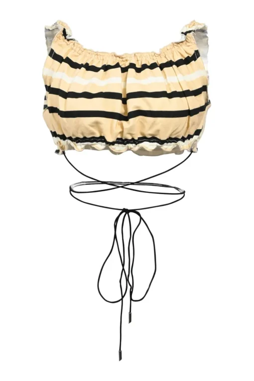 Cream striped ruffled cotton-viscose two-piece summer dress with exposed waist and self-tie belt