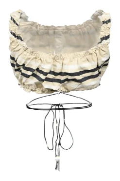 Cream striped ruffled cotton-viscose two-piece summer dress with exposed waist and self-tie belt