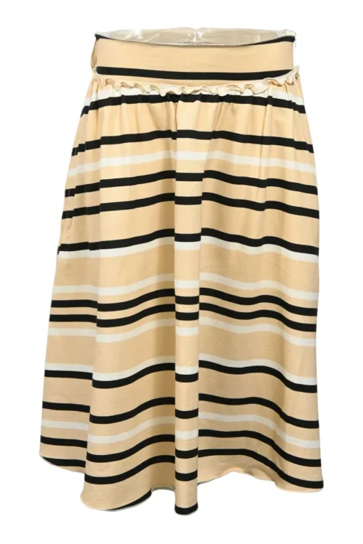 Cream striped ruffled cotton-viscose two-piece summer dress with exposed waist and self-tie belt