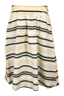 Cream striped ruffled cotton-viscose two-piece summer dress with exposed waist and self-tie belt