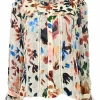 Cream viscose-silk blend abstract floral devoré velvet button-front ruffle blouse with tonal cutout edge trim appliqué