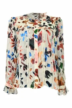 Cream viscose-silk blend abstract floral devoré velvet button-front ruffle blouse with tonal cutout edge trim appliqué