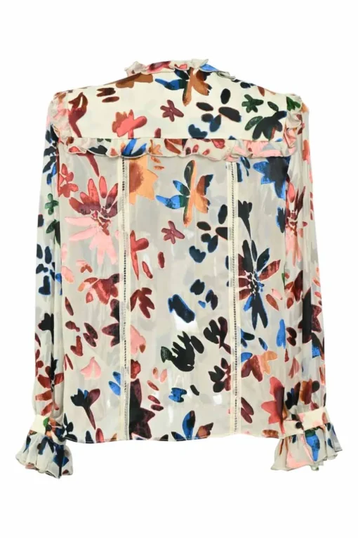 Cream viscose-silk blend abstract floral devoré velvet button-front ruffle blouse with tonal cutout edge trim appliqué