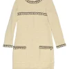 Cream wool bouclé tweed cropped sleeve shift dress with hip patch pockets