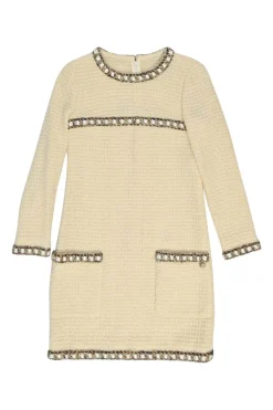 Cream wool bouclé tweed cropped sleeve shift dress with hip patch pockets