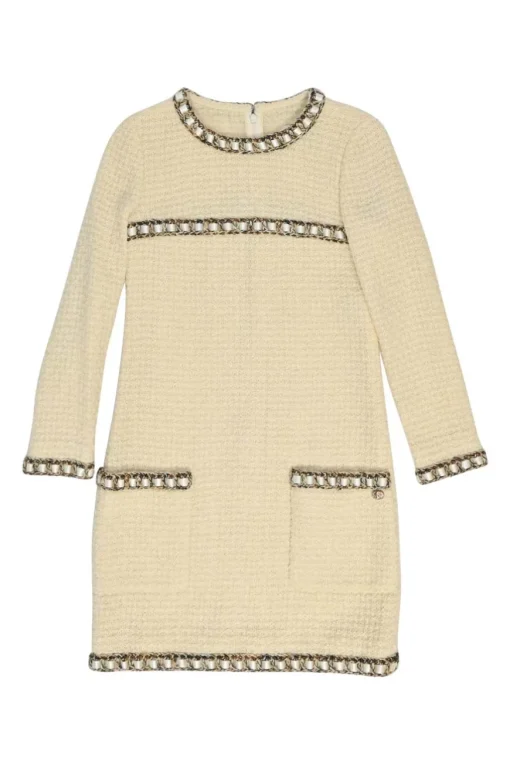 Cream wool bouclé tweed cropped sleeve shift dress with hip patch pockets