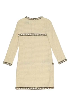 Cream wool bouclé tweed cropped sleeve shift dress with hip patch pockets