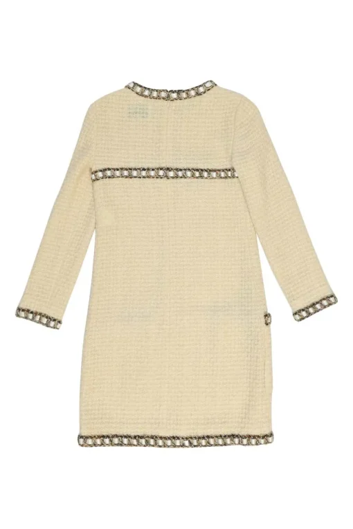 Cream wool bouclé tweed cropped sleeve shift dress with hip patch pockets