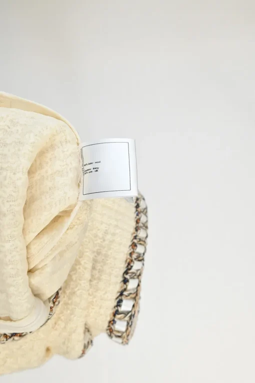 Cream wool bouclé tweed cropped sleeve shift dress with hip patch pockets