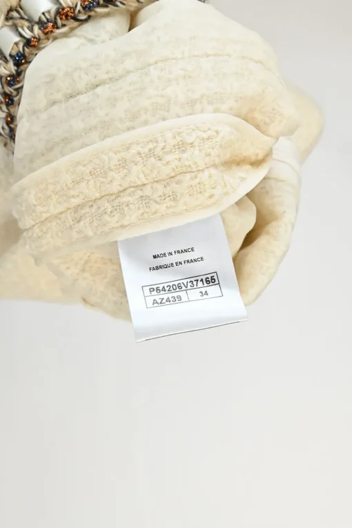 Cream wool bouclé tweed cropped sleeve shift dress with hip patch pockets