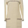 Cream wool braided chainlink-trimmed bouclé tweed long sleeve shift dress with contrasting ribbon inserts