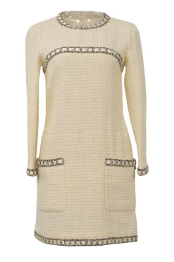 Cream wool braided chainlink-trimmed bouclé tweed long sleeve shift dress with contrasting ribbon inserts
