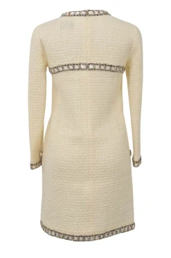 Cream wool braided chainlink-trimmed bouclé tweed long sleeve shift dress with contrasting ribbon inserts