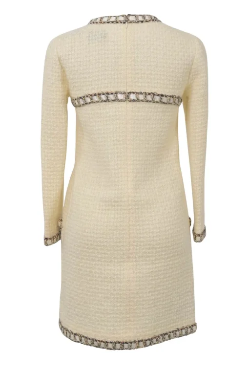 Cream wool braided chainlink-trimmed bouclé tweed long sleeve shift dress with contrasting ribbon inserts