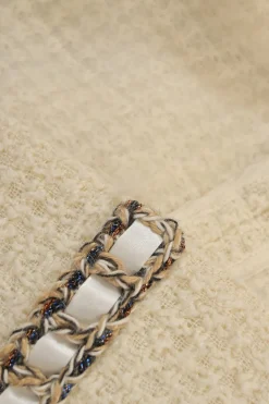 Cream wool braided chainlink-trimmed bouclé tweed long sleeve shift dress with contrasting ribbon inserts