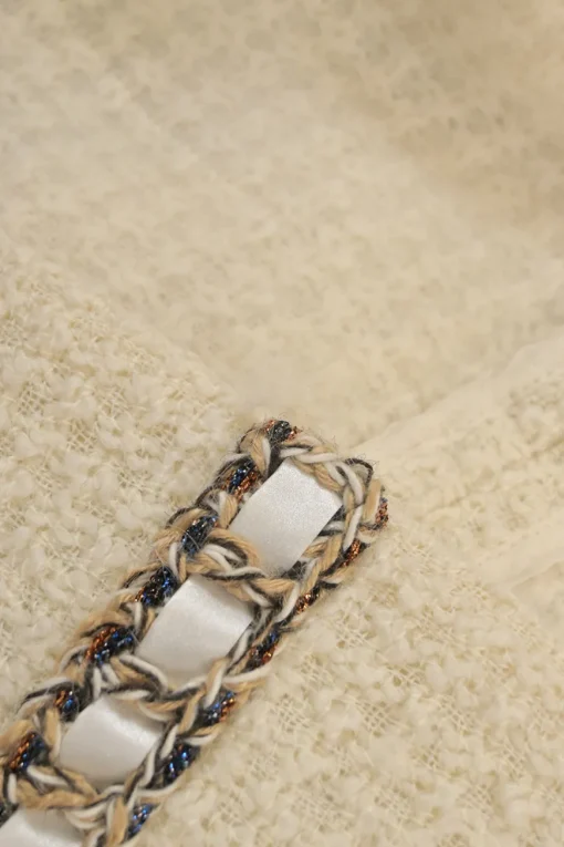 Cream wool braided chainlink-trimmed bouclé tweed long sleeve shift dress with contrasting ribbon inserts