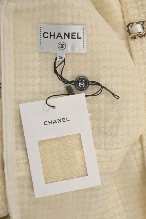 Cream wool braided chainlink-trimmed bouclé tweed long sleeve shift dress with contrasting ribbon inserts
