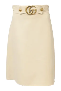 Cream wool-blend pull-on A-line knee-length skirt featuring GG Marmont buckle Martingale