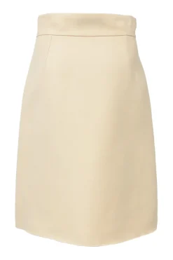 Cream wool-blend pull-on A-line knee-length skirt featuring GG Marmont buckle Martingale