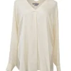 Cream Y-collar plunge neck pullover blouse with button tab sleeves