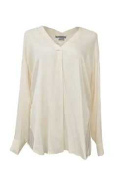 Cream Y-collar plunge neck pullover blouse with button tab sleeves
