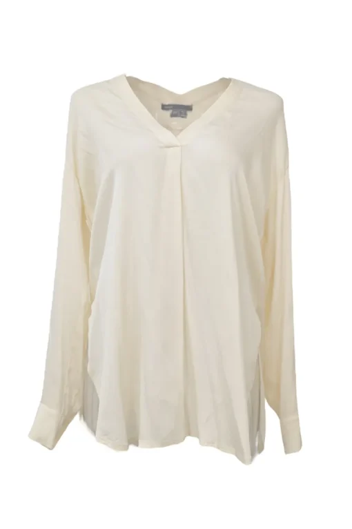Cream Y-collar plunge neck pullover blouse with button tab sleeves