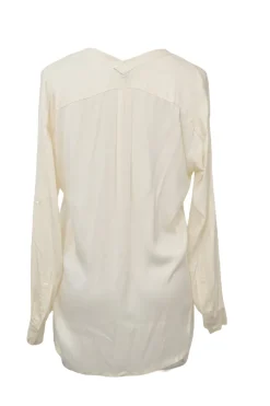 Cream Y-collar plunge neck pullover blouse with button tab sleeves