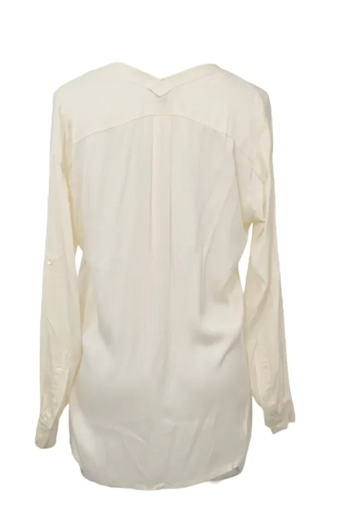 Cream Y-collar plunge neck pullover blouse with button tab sleeves