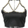 Crystal-embellished black viscose-blend heart cutout halter-neck bustier top