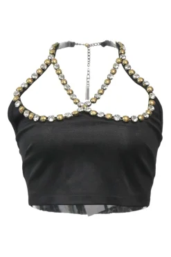 Crystal-embellished black viscose-blend heart cutout halter-neck bustier top