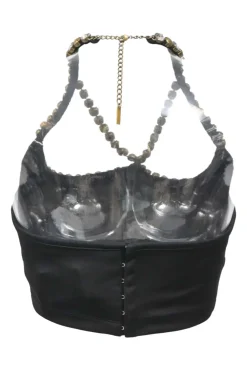 Crystal-embellished black viscose-blend heart cutout halter-neck bustier top