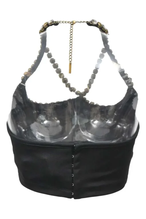 Crystal-embellished black viscose-blend heart cutout halter-neck bustier top