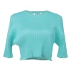 Cyan polyester dolman sleeve cropped plissé blouse