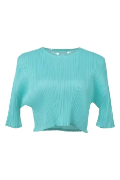 Cyan polyester dolman sleeve cropped plissé blouse