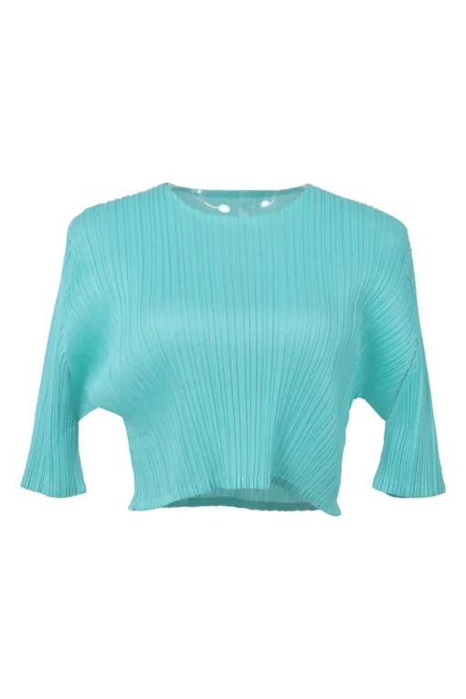 Cyan polyester dolman sleeve cropped plissé blouse