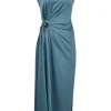 Dark duck egg blue draped polyester cap sleeve gathered hole sheath dress with adjustable self-tie fastening at waist