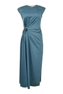 Dark duck egg blue draped polyester cap sleeve gathered hole sheath dress with adjustable self-tie fastening at waist