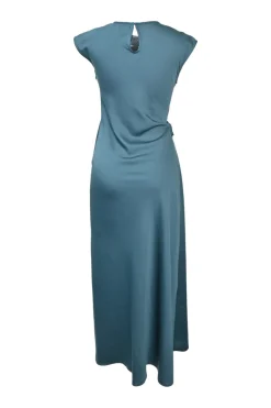 Dark duck egg blue draped polyester cap sleeve gathered hole sheath dress with adjustable self-tie fastening at waist